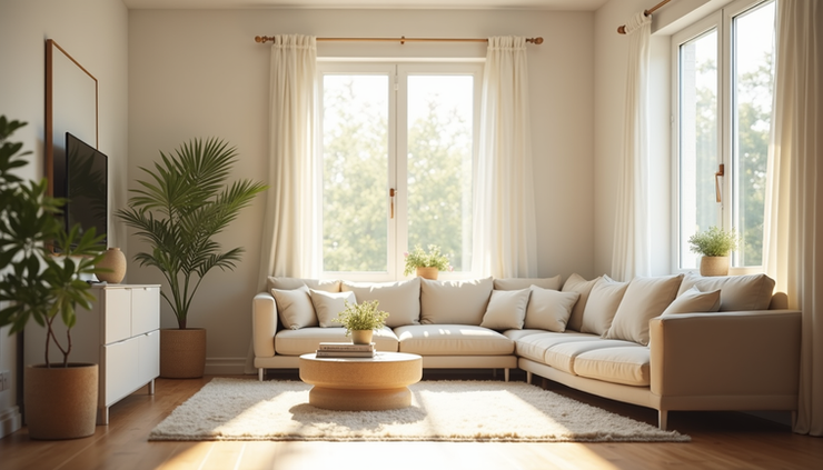 Eye-level view of a bright living room with open windows and sunlight streaming in