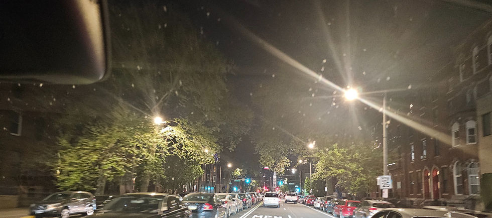 Cars parked in the median of Broad Street (the main thoroughfare in Philadelphia city center)