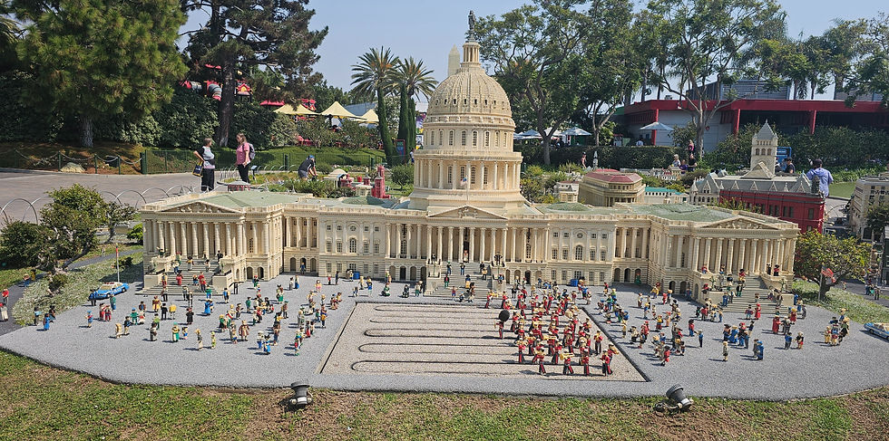 A better view of the lego Capitol complete with tourist and an animated marching band.