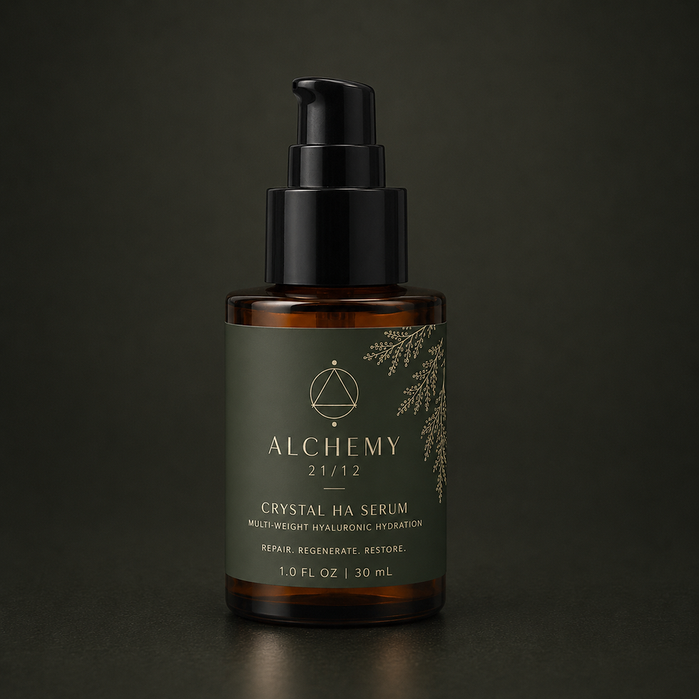 Alchemy 21/12 Crystal HA Serum multi-weight hyaluronic acid serum in amber skincare bottle