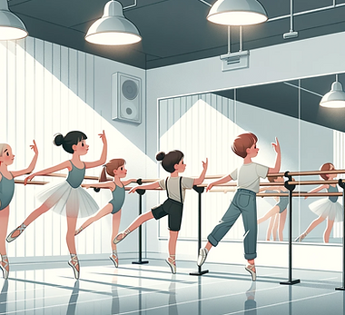 Une classe d'un cours de danse face au miroir d'un studio lumineux
