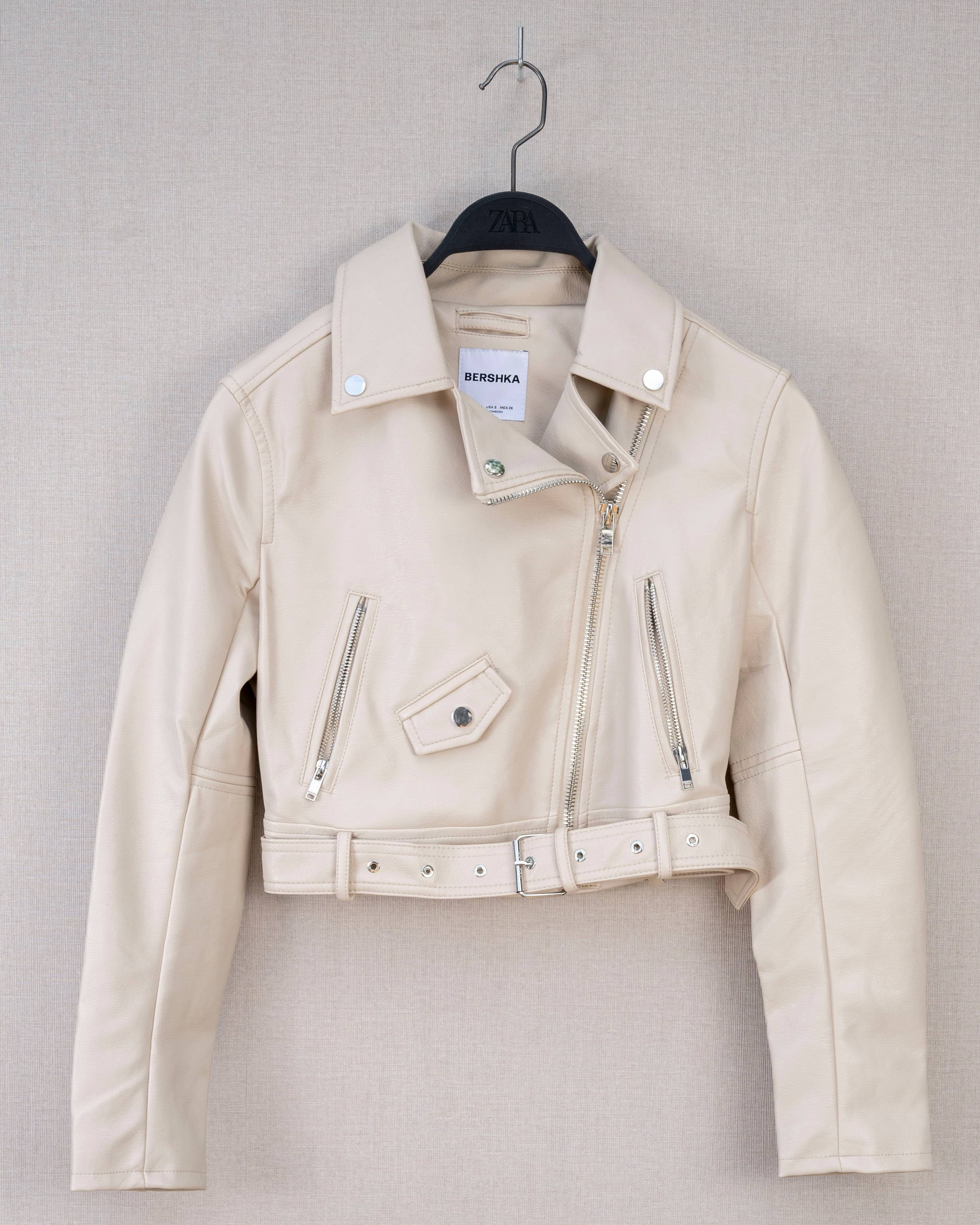 BEIGE LEATHER CROPPED BIKER JACKET