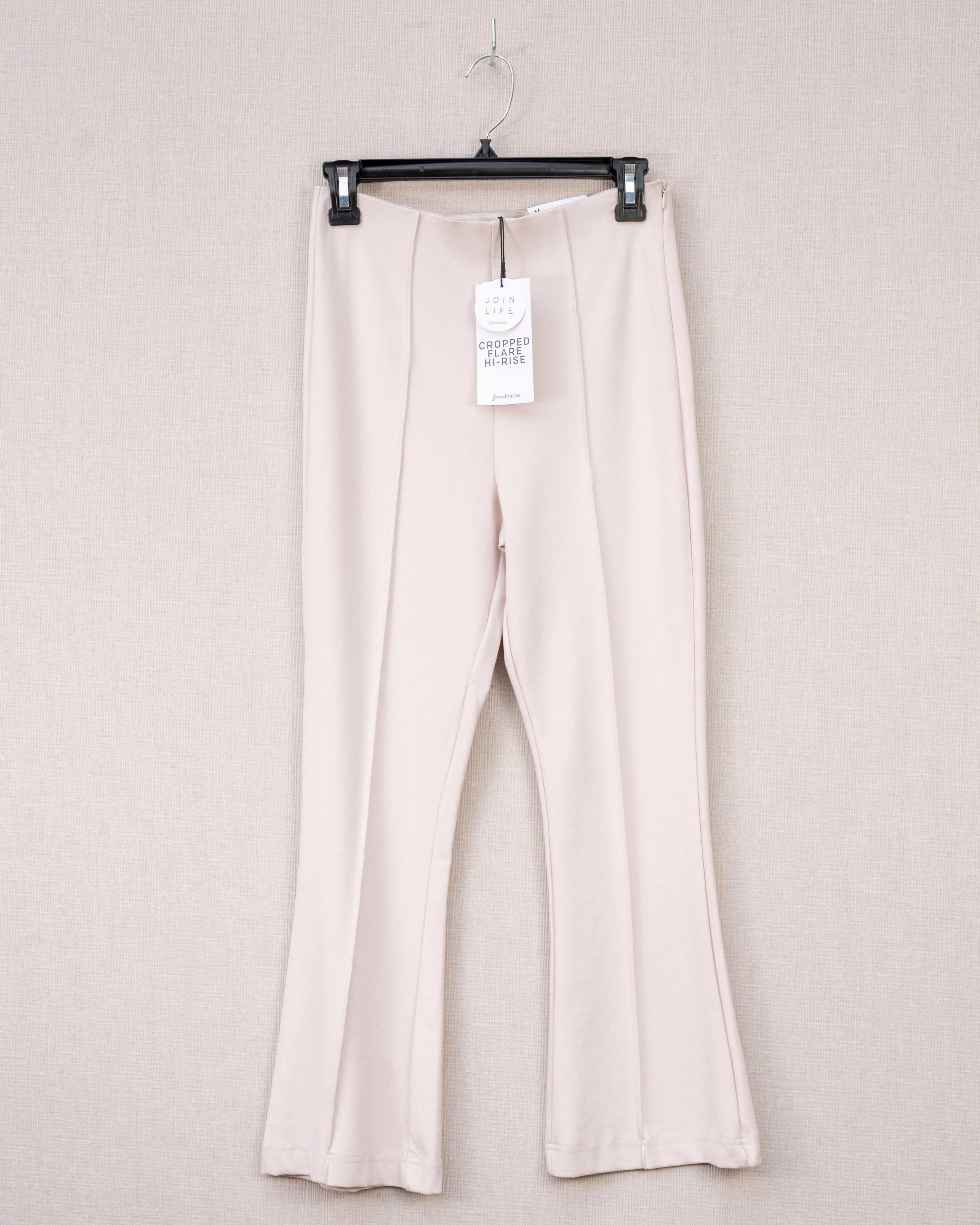 BEIGE CROPPED FLARE HIGH RISE PANTS