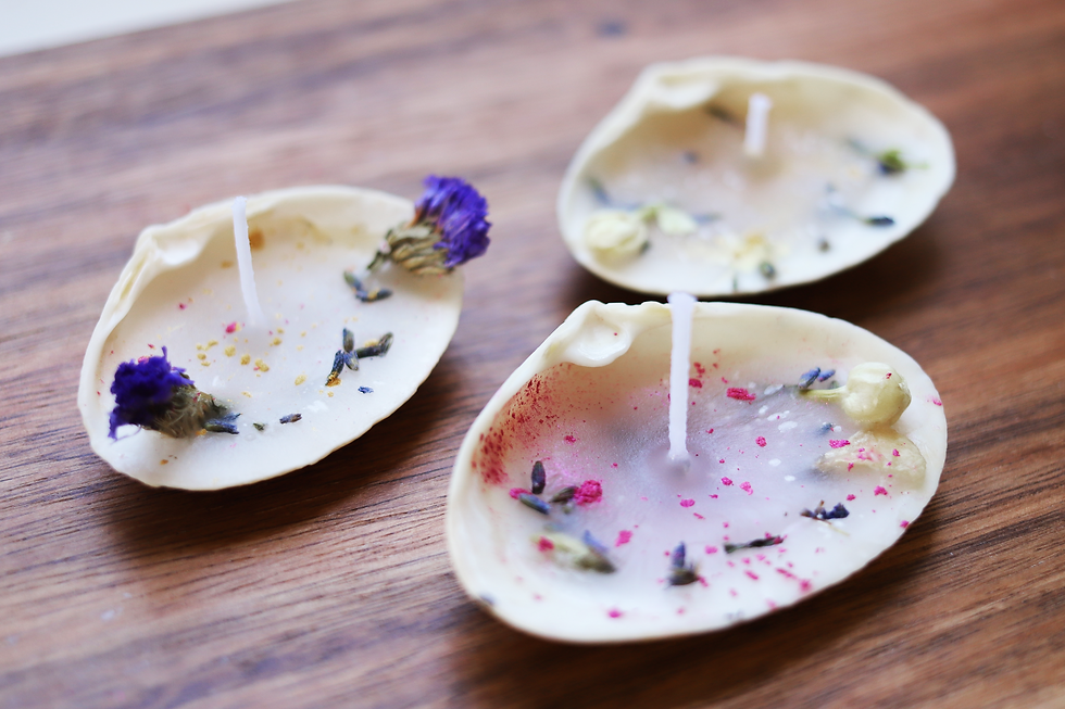 Three seashell candles with flowers for decoration on a wooden table.