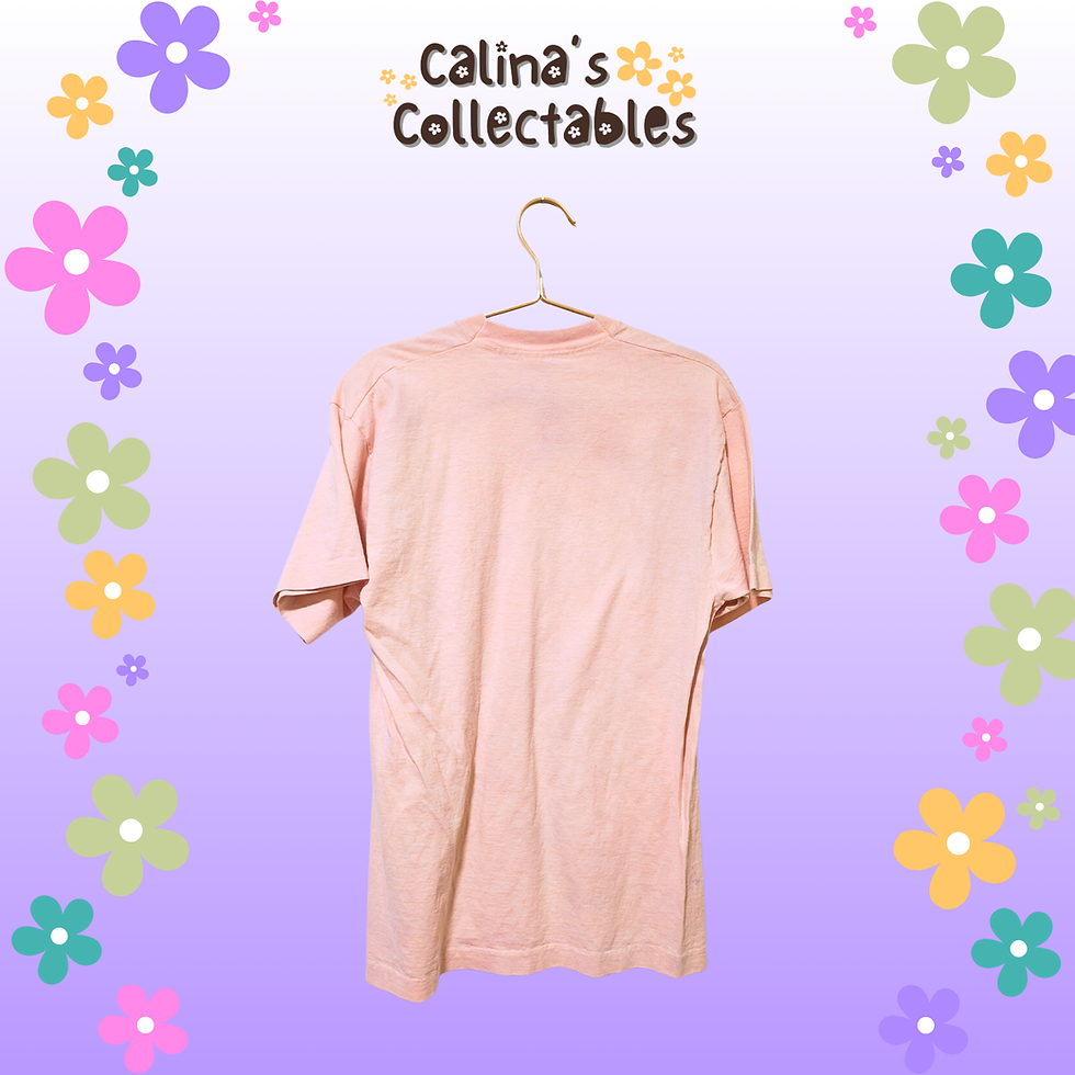 Pink t-shirt on hanger, Calina's Collectables logo, vintage, floral background.