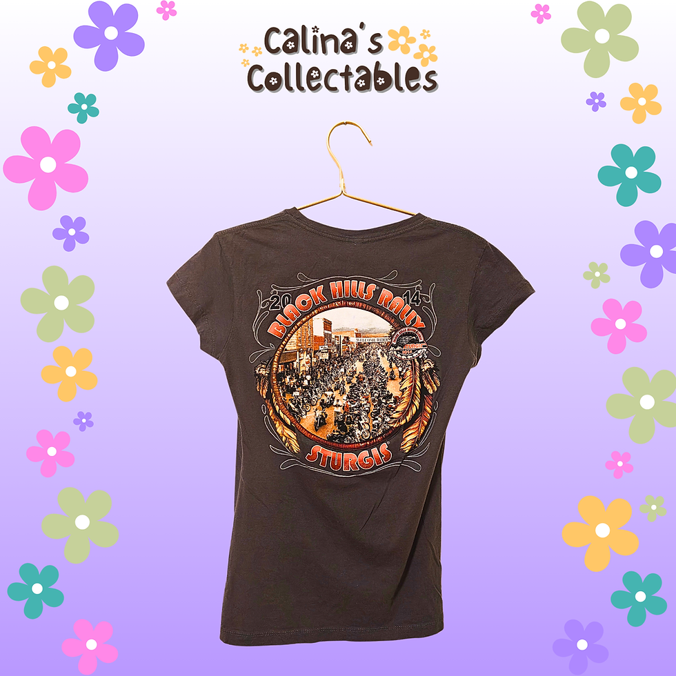 Gray t-shirt hanging with Calina's Collectables logo and graphic on the back.