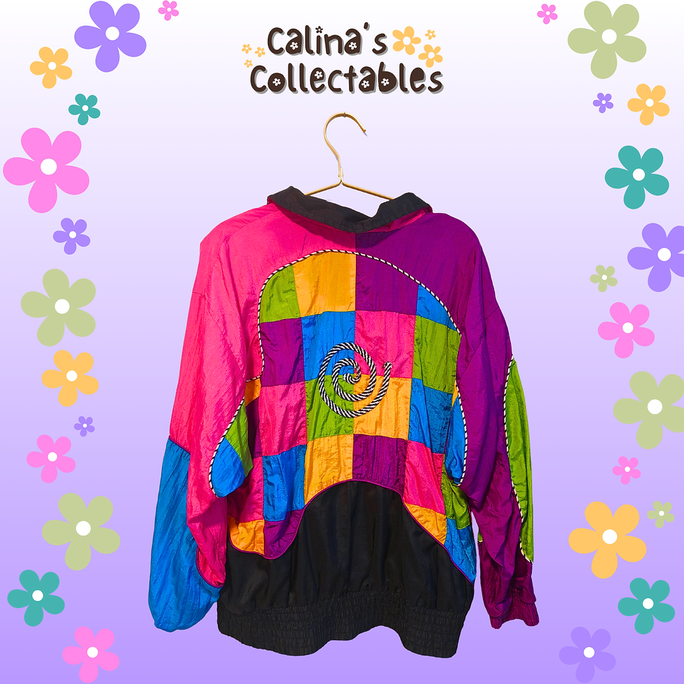 Colorful windbreaker hanging, with Calina's Collectables text. Indications Colorful Windbreaker on display.