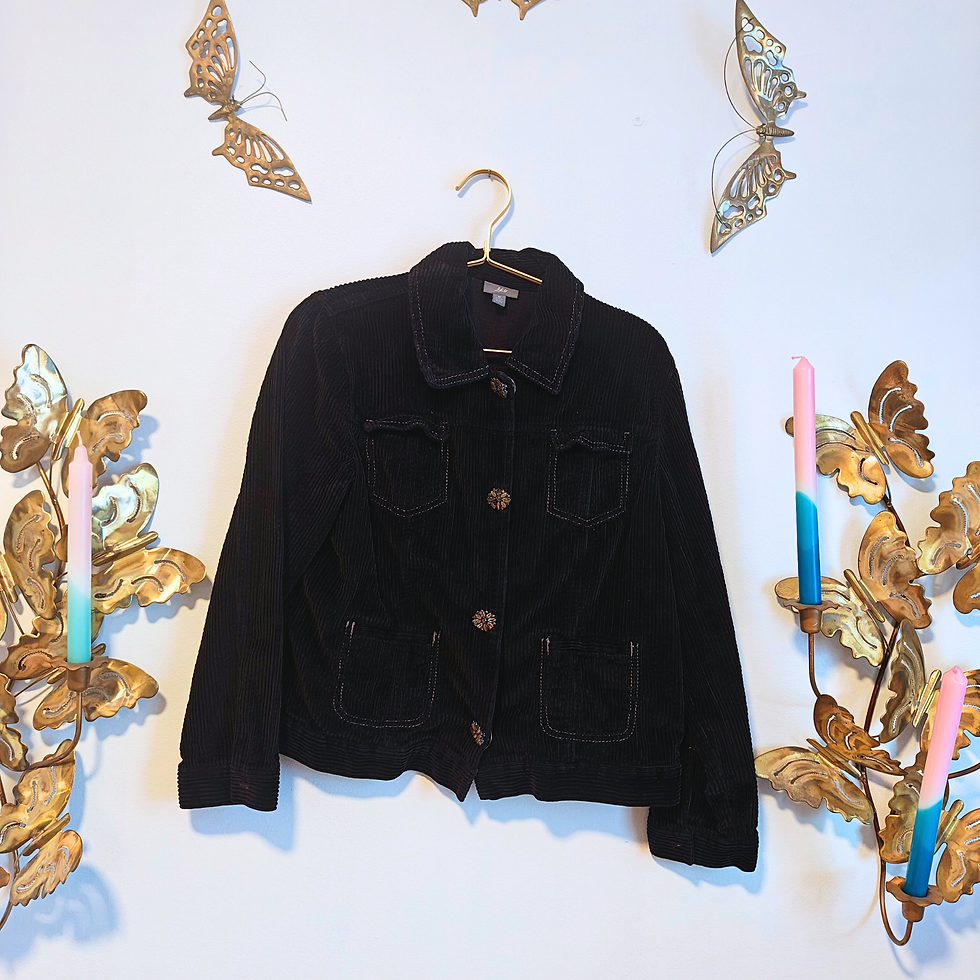 Thumbnail: Black velvet button-up jacket hanging on a wall with gold butterflies.