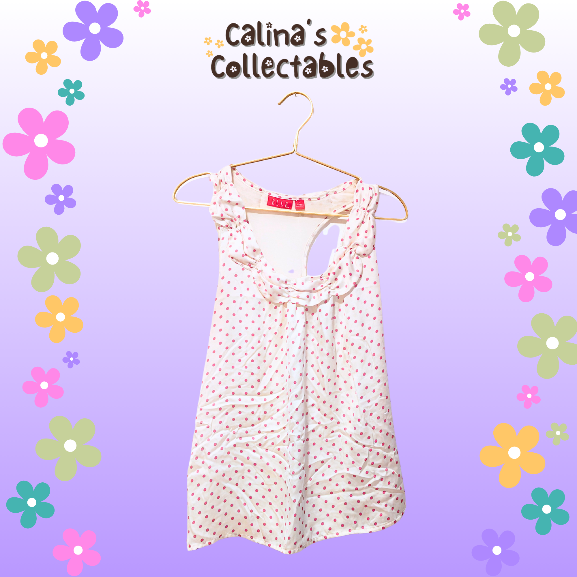 White and pink spotted shirt on hanger with text. Calina's Collectables background.