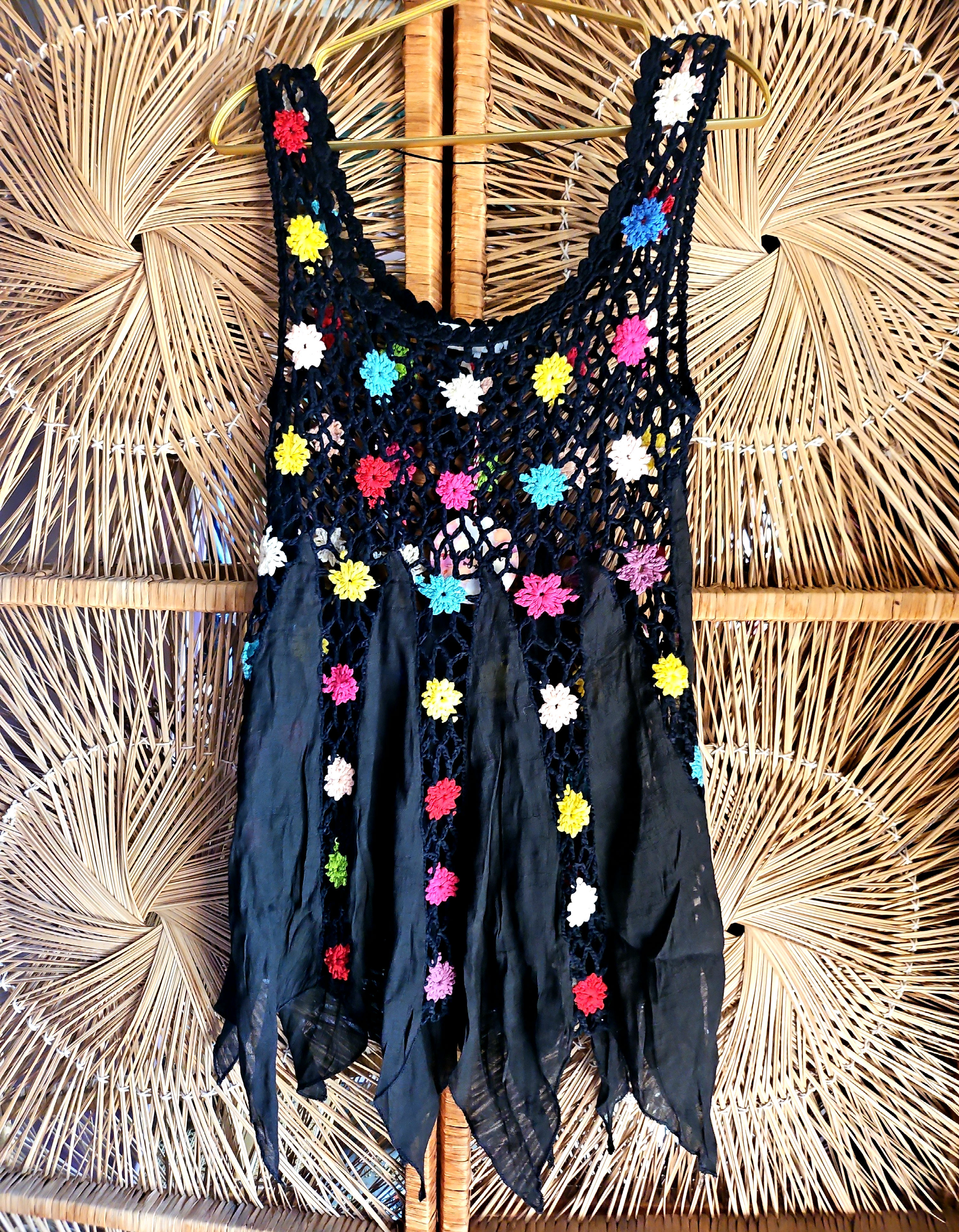 Black Floral Crochet Dress with Handkerchief Hem
