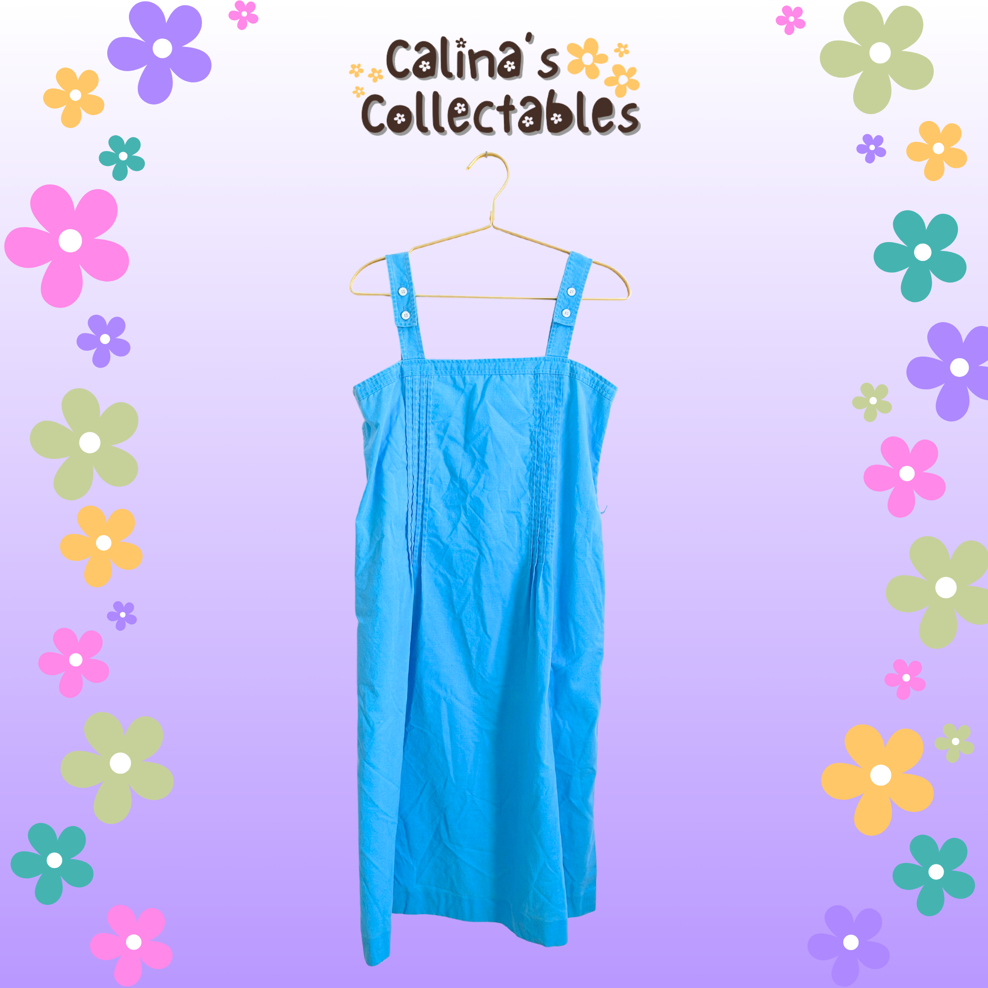 Light blue dress hanging with Calina's Collectables on a floral background.