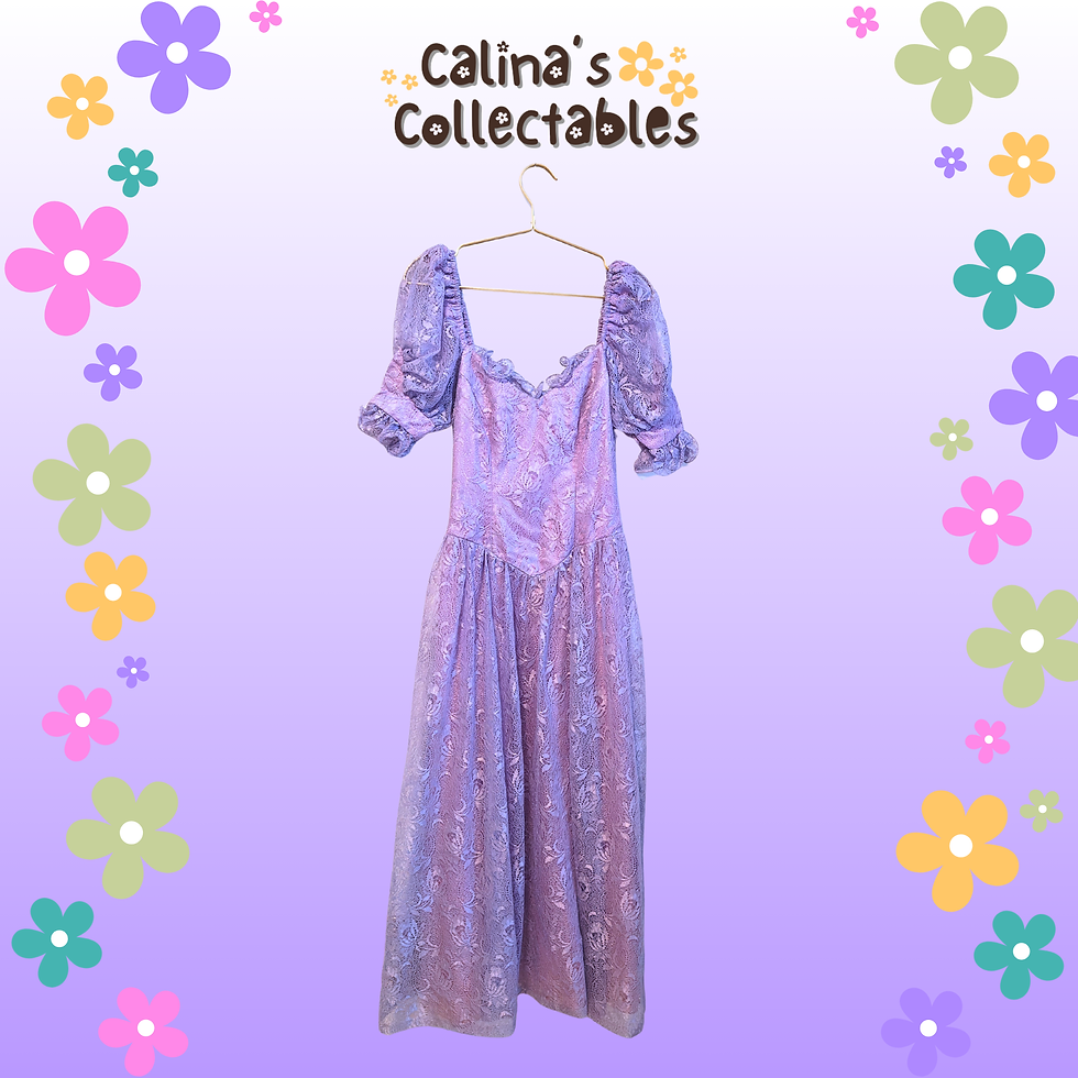 Purple dress hanging with "Calina's Collectables" background and floral border.