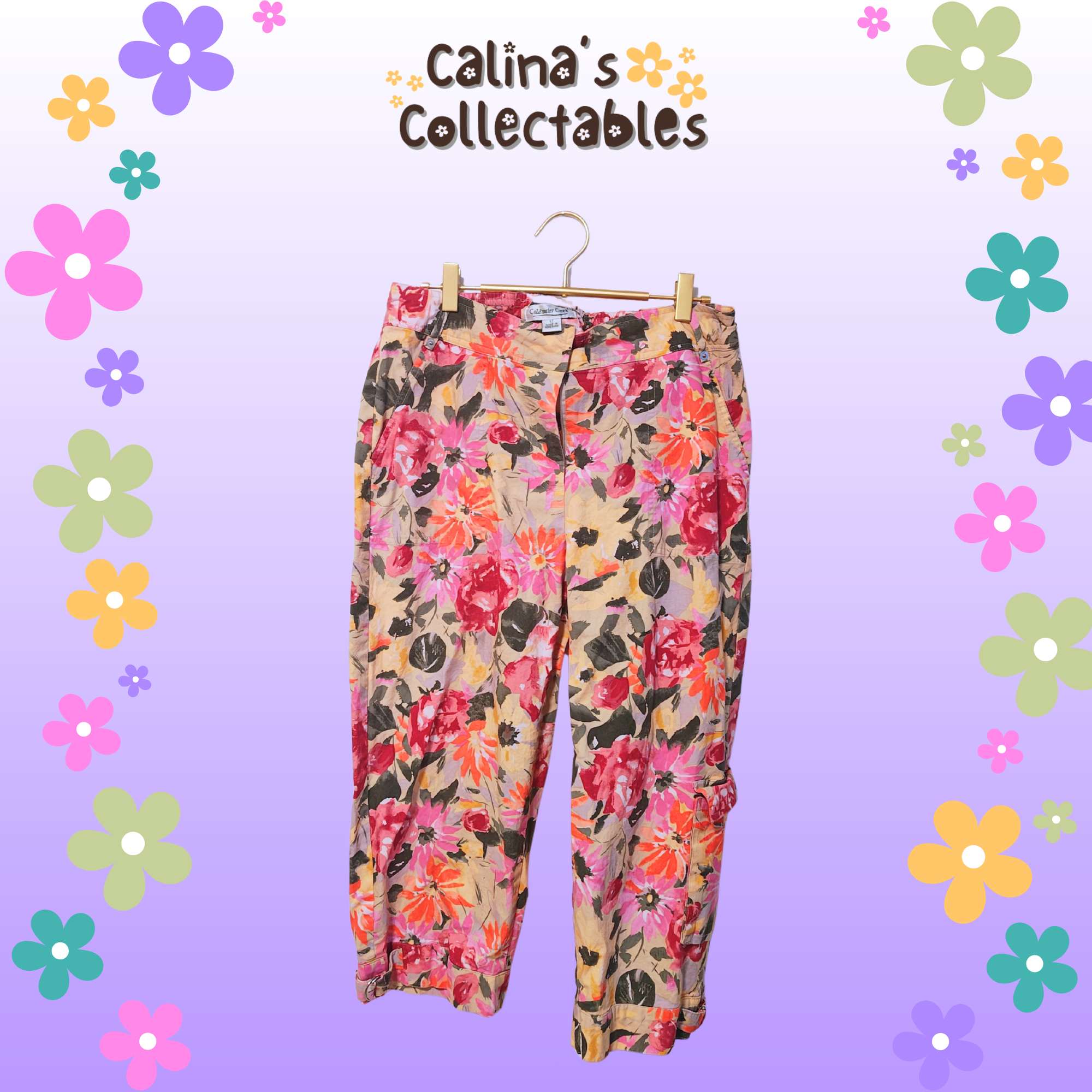 Floral capri pants hanging on a hanger, Calina's Collectables background.