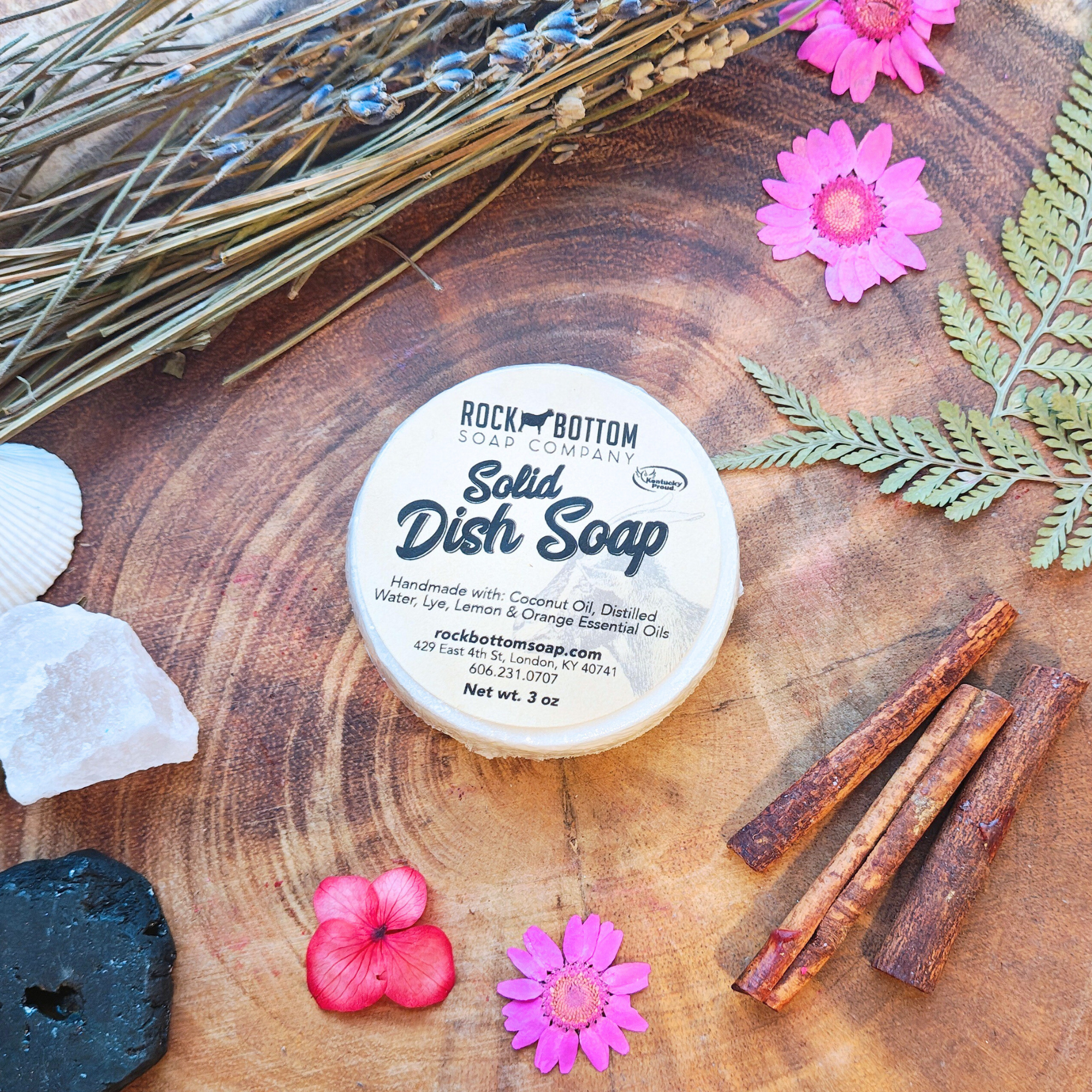 Solid Dish Soap with visible text and natural accents. Eco-friendly cleaning product.