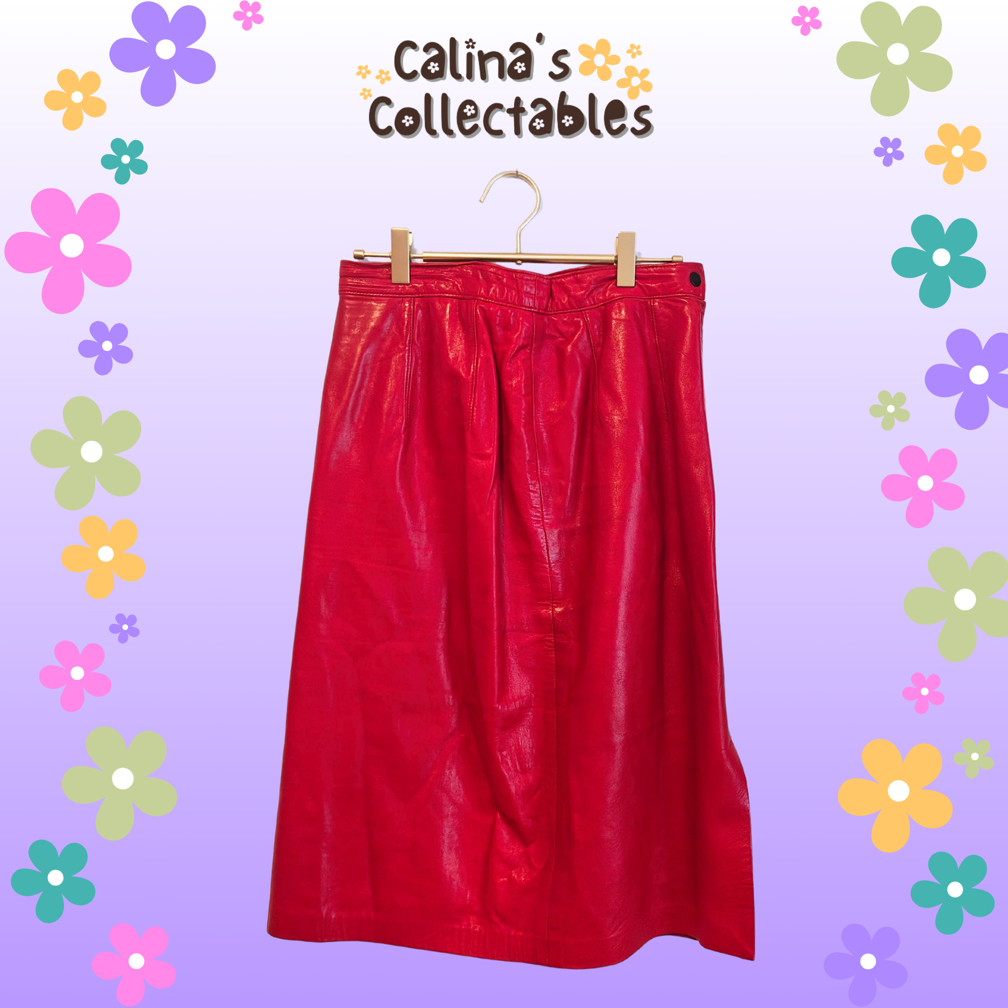 Red leather skirt hanging on a hanger, Calina's Collectables background.