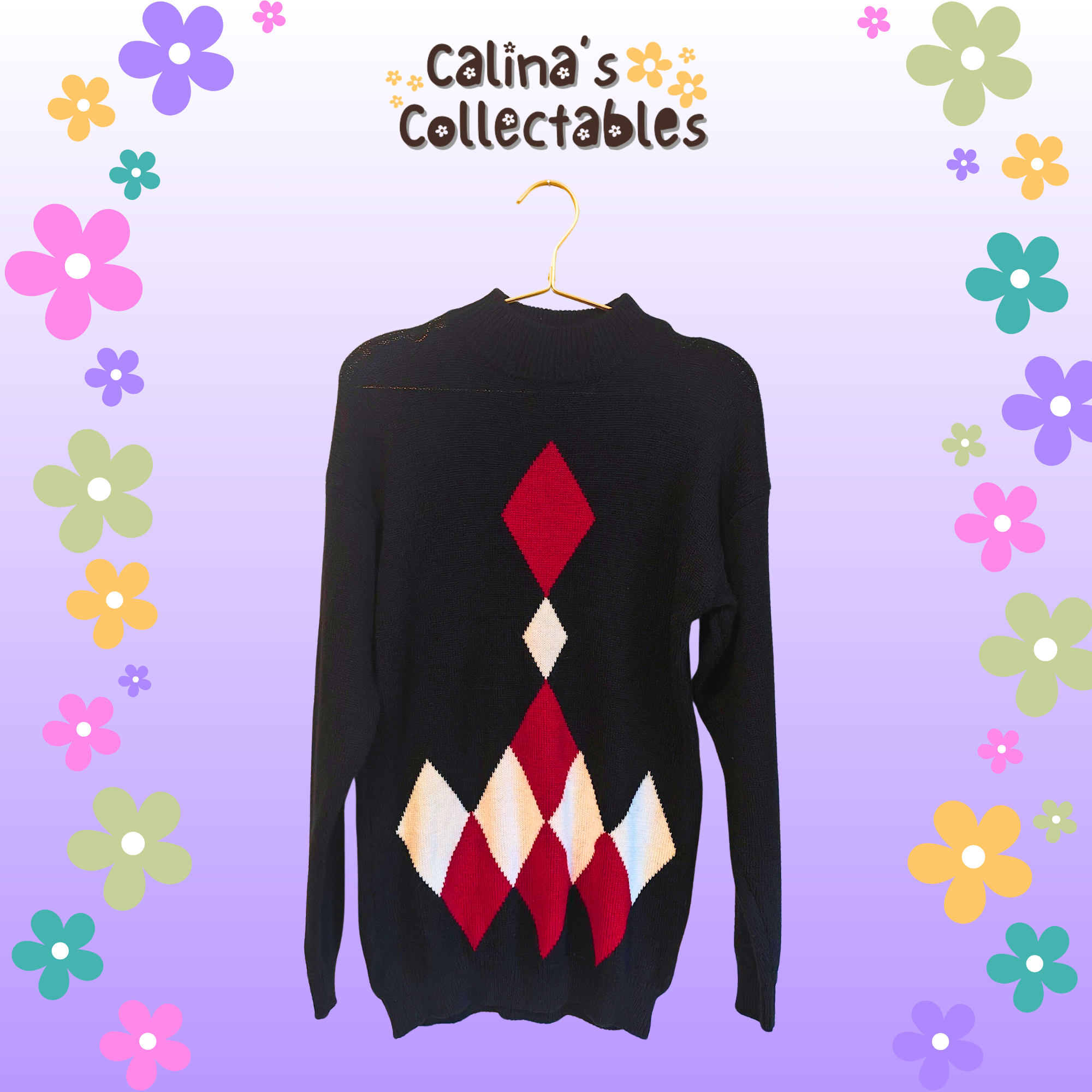 Black argyle sweater hanging on a rack from Calina's Collectables Koret Argyle Sweater Dress.