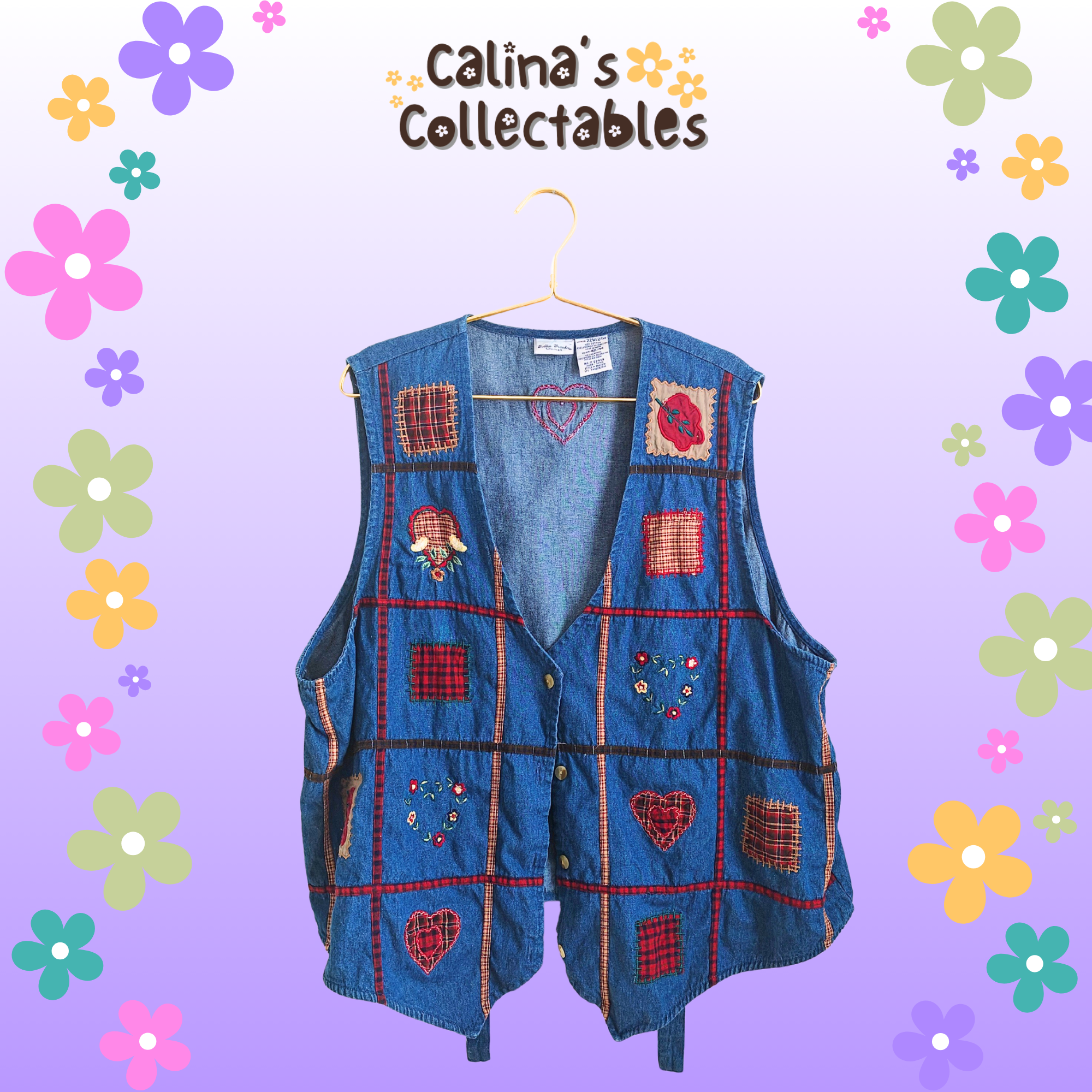 Blue jean vest with patches at Calina's Collectables, hanging in front.