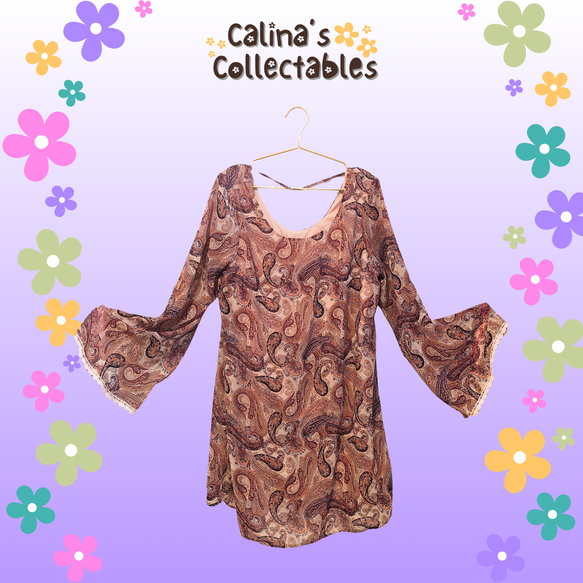 Paisley dress on hanger. Text reads Calina's Collectables, floral background.