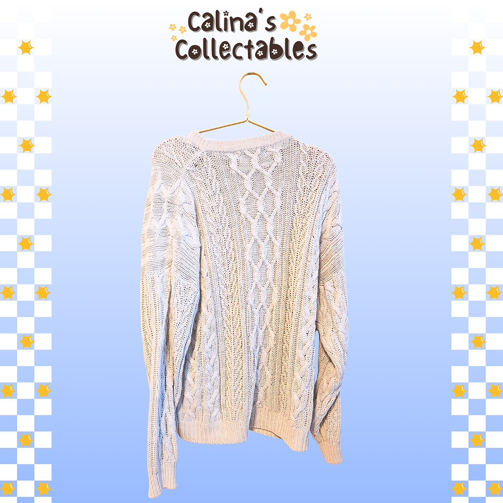 Thumbnail: White knit sweater hanging on a hanger, with "Calina's Collectables" logo.