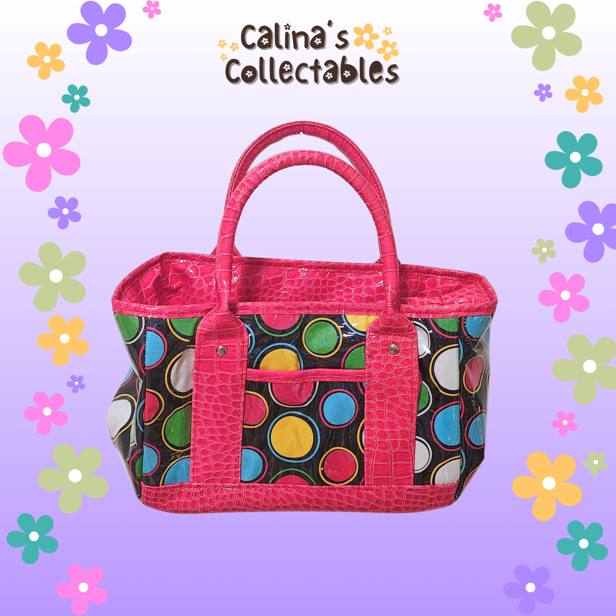 Pink polka dot bag with handles, says Calina's Collectables on display