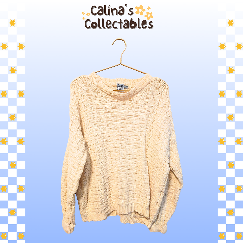 Thumbnail: Cream sweater hanging; Calina's Collectables logo on the top; white background.