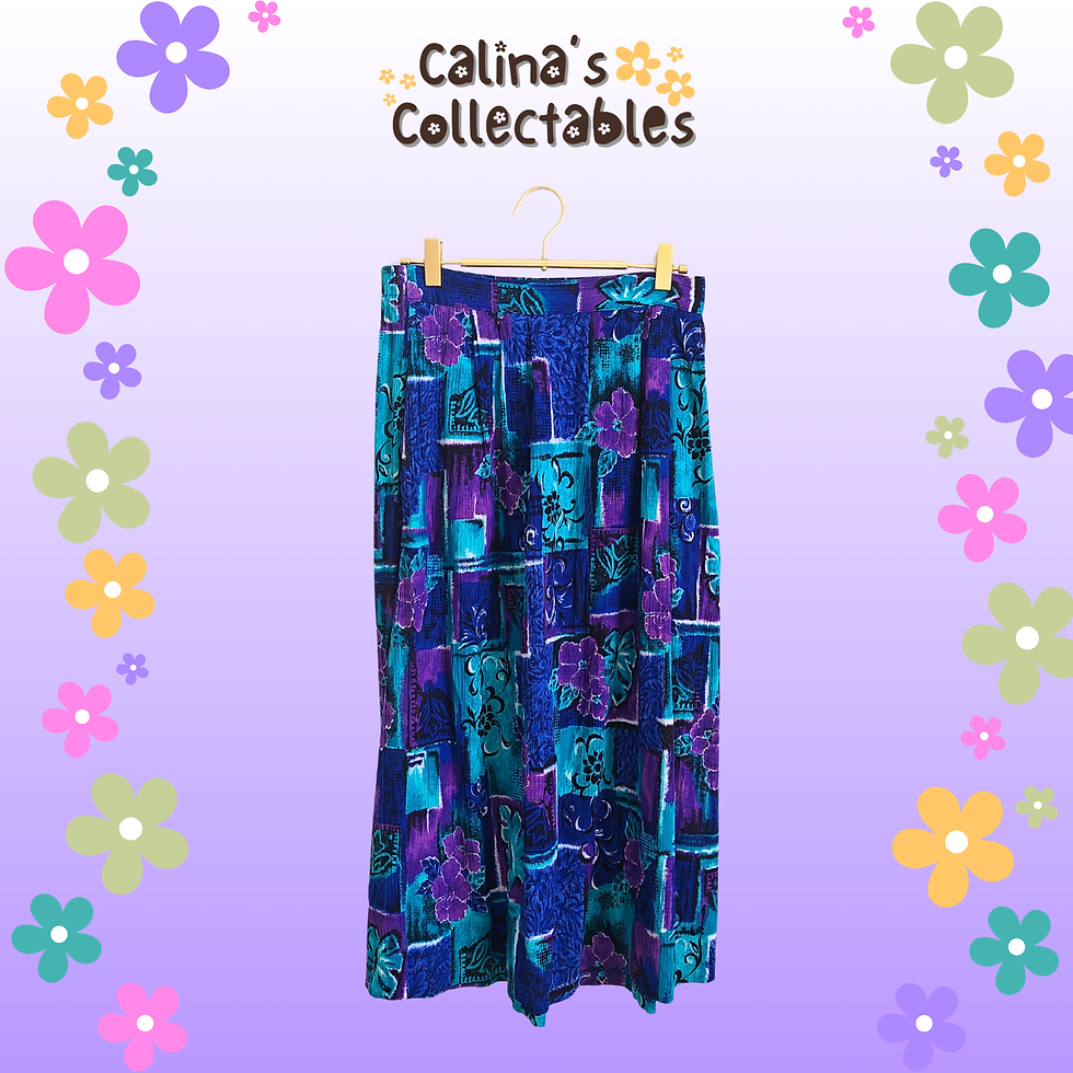 Thumbnail: Calina's Collectables skirt with blue, purple and teal floral pattern background.