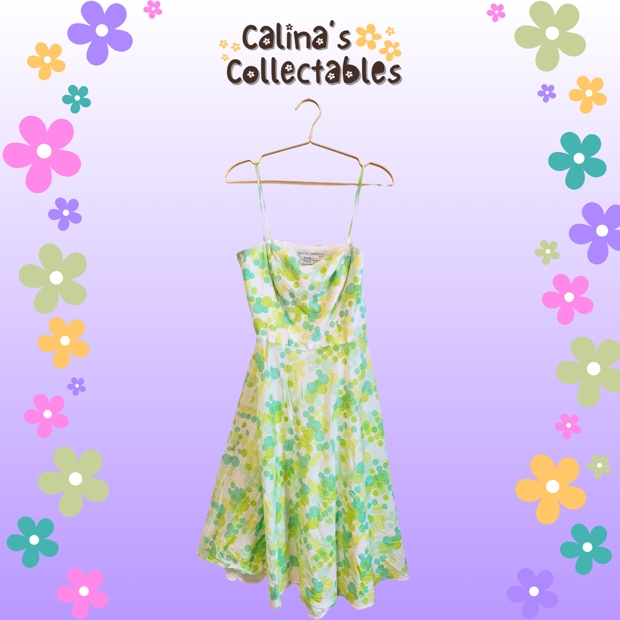 Floral dress on hanger with Calina's Collectables logo in background.