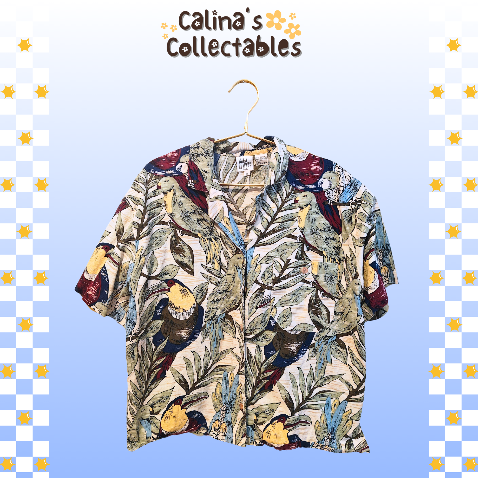 Calina's Collectables shirt with toucan pattern on display for sale.