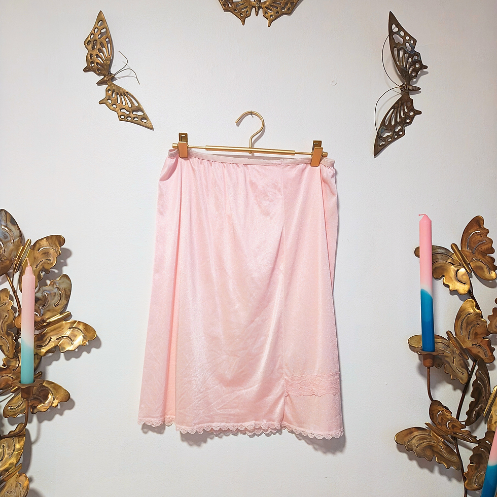 Thumbnail: Pink slip skirt hanging on a rack with decorative golden butterflies in background
