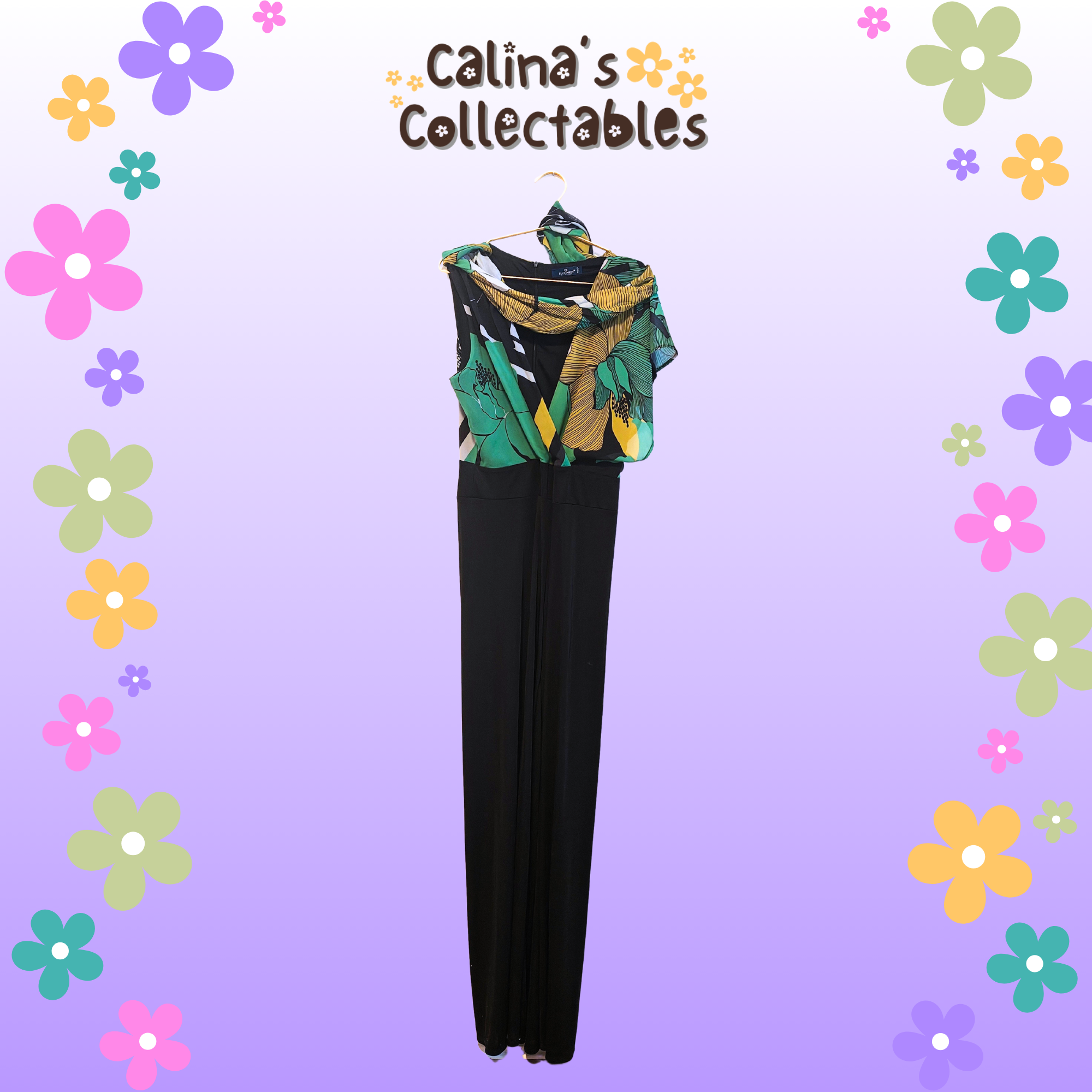 Black jumpsuit with floral top from Calina's Collectables on display.