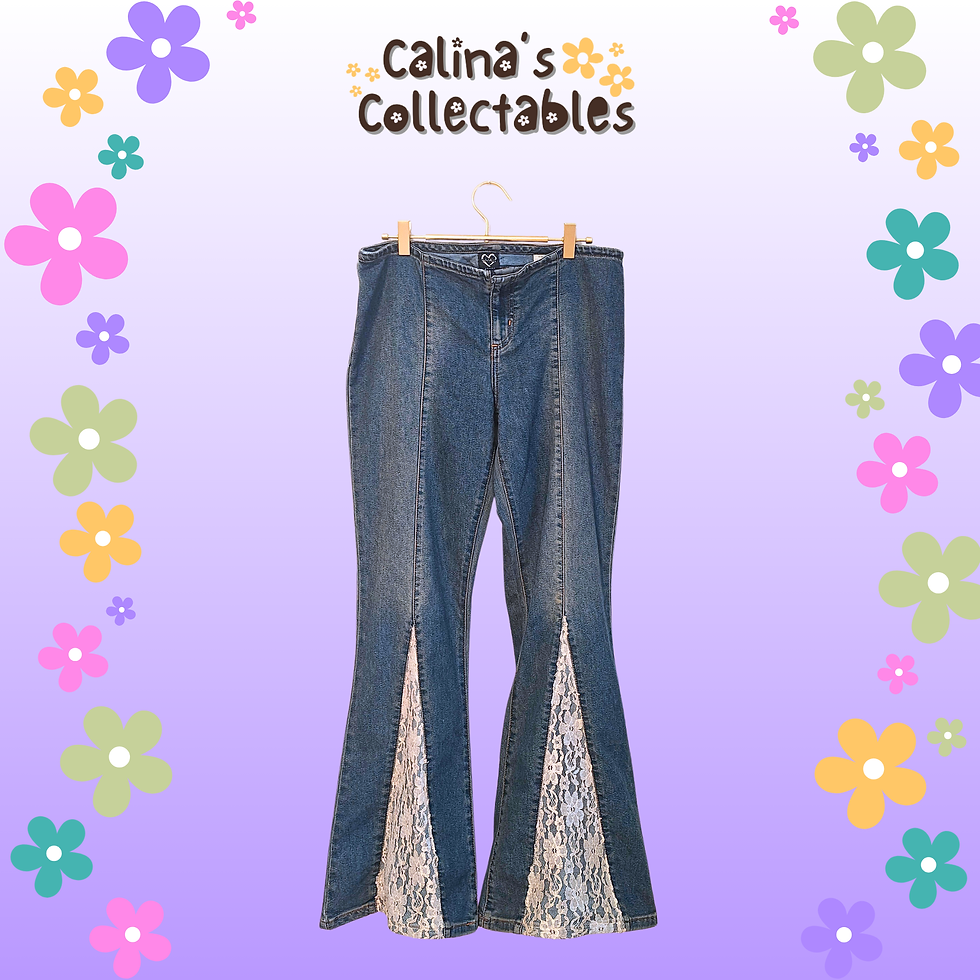 Thumbnail: Blue jeans with white lace displayed in front of Calina's Collectables.