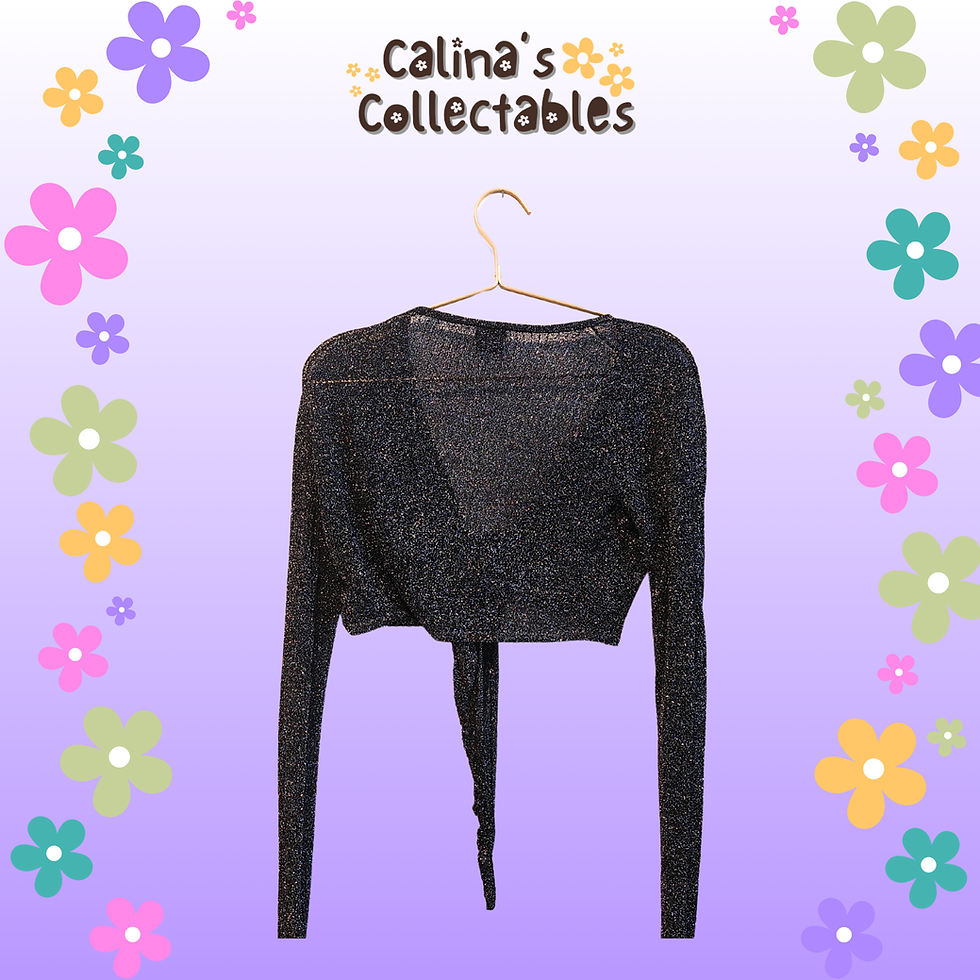 Thumbnail: Cropped black top on hanger, Calina's Collectables logo on floral background.