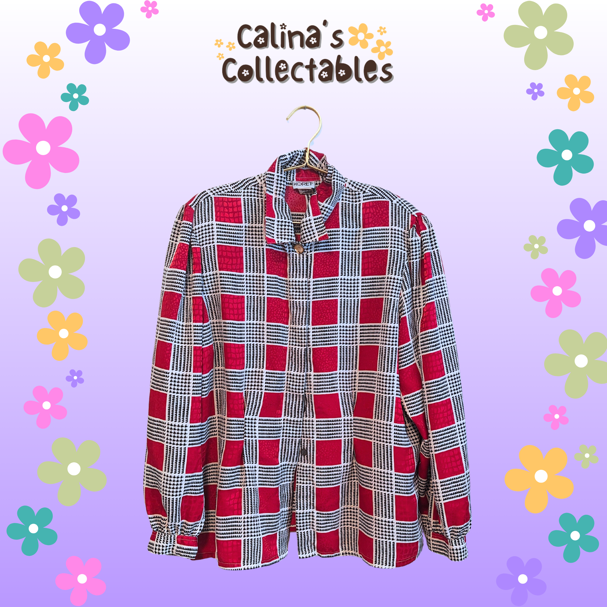 Plaid Flannel Shirt by Calina's Collectables on hanger, red and gray pattern.