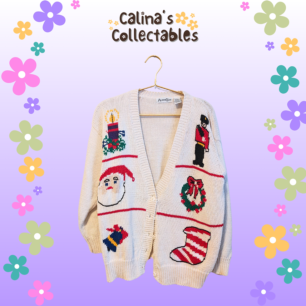 Thumbnail: White Christmas cardigan with embroidered candle, Santa, and other festive icons.