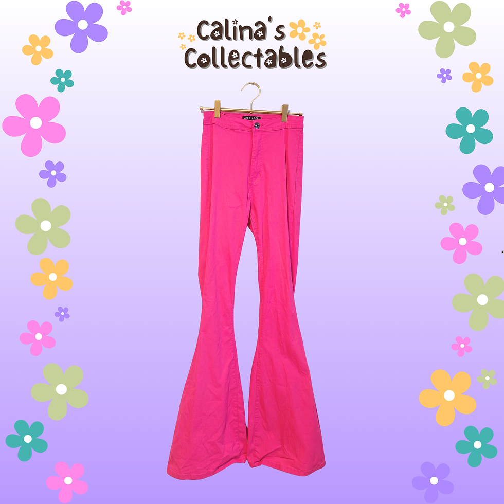 Bright pink flare pants on hanger; Calina's Collectables logo in background.
