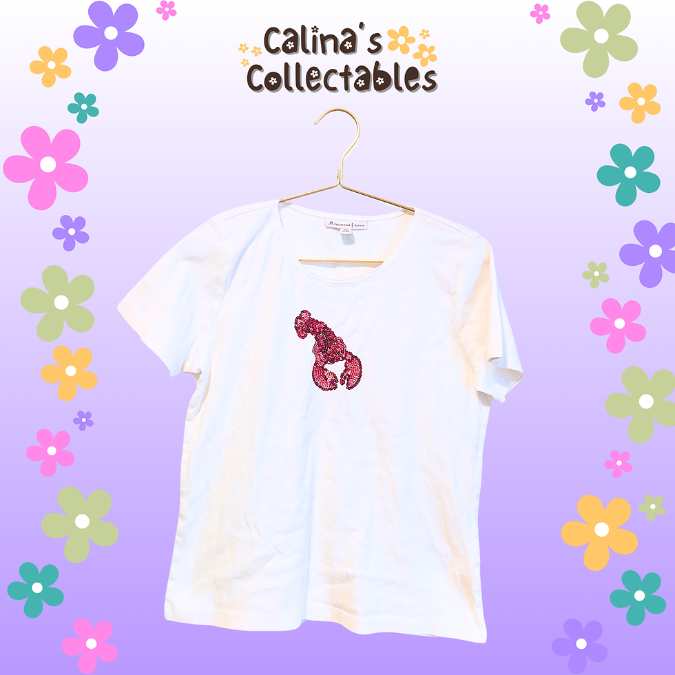 White t-shirt with lobster graphic and Calina's Collectibles text displayed on hanger.