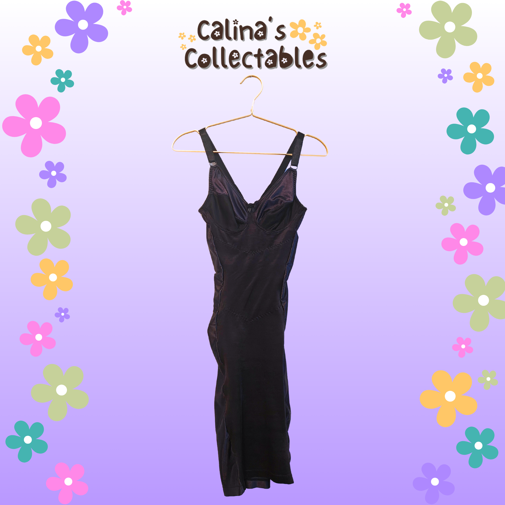 Black dress hanging on a hanger, seen with 'Calina's Collectables' text.