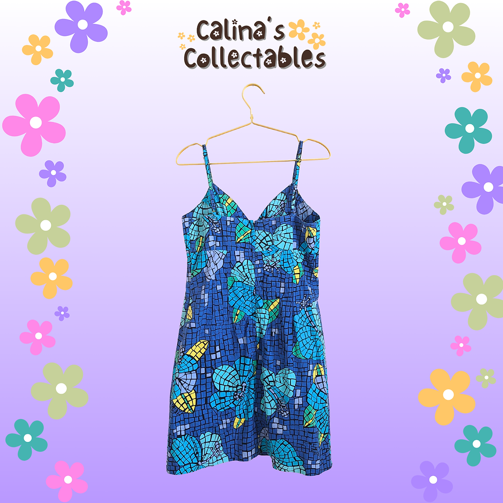 Thumbnail: Blue floral dress hanging on a wooden hanger, Calina's Collectables background.
