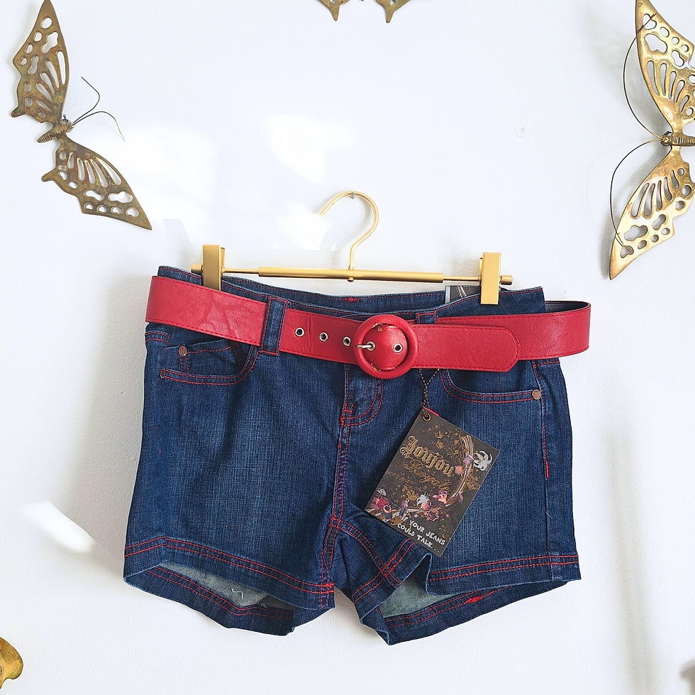 Thumbnail: Blue jean shorts with a red belt and a price tag on display.
