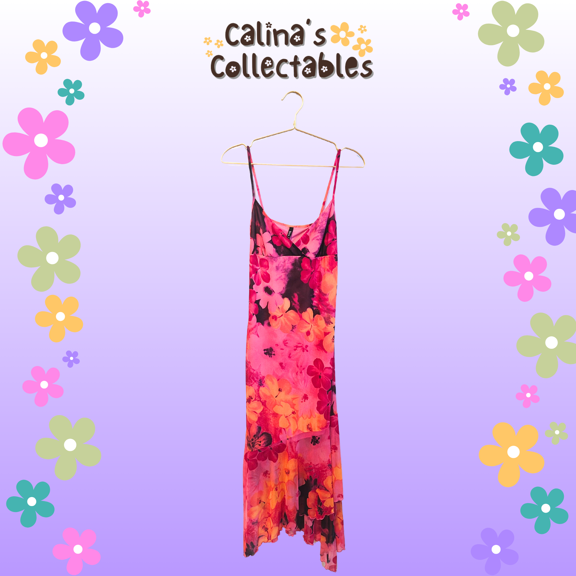 Floral print dress on hanger with Calina's Collectables background. Trixxi Floral Flowy Dress
