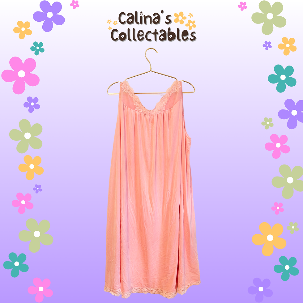 Peach vintage nightgown hanging on a hanger, Calina's Collectables background with flowers.