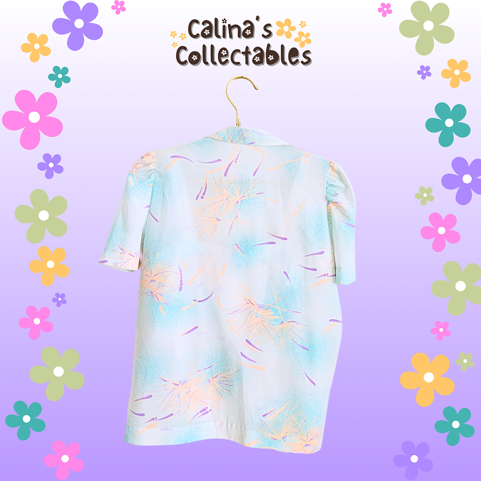 Thumbnail: White top with Calina's Collectables on hanger, with pastel floral designs.
