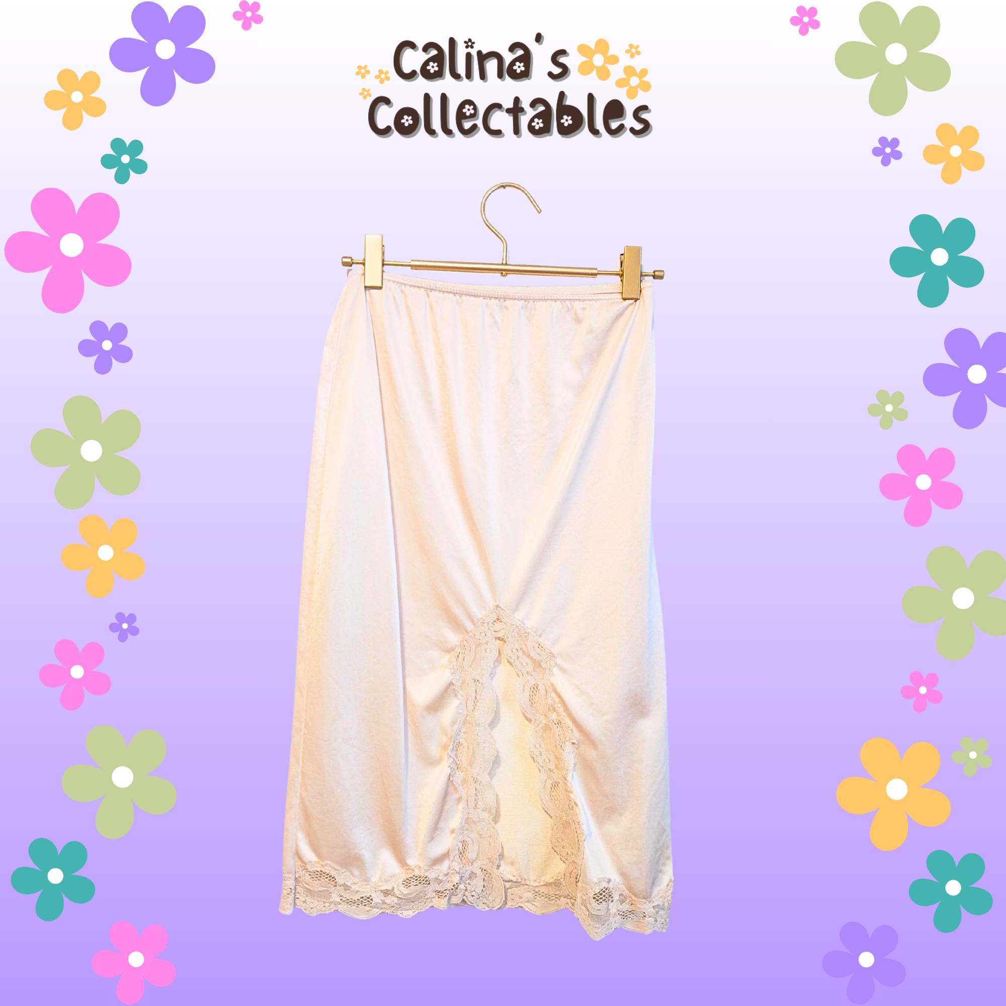 Creamy slip hanging on a hanger, with text 