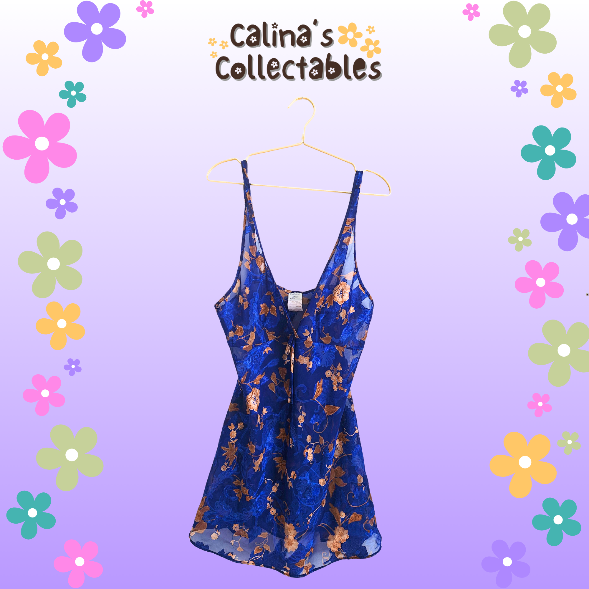 Floral blue romper, Calina's Collectables logo, golden hanger, purple floral background.