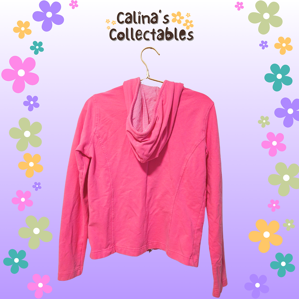 Thumbnail: Pink hoodie on hanger, Calina's Collectables background, Indications Colorful Windbreaker.
