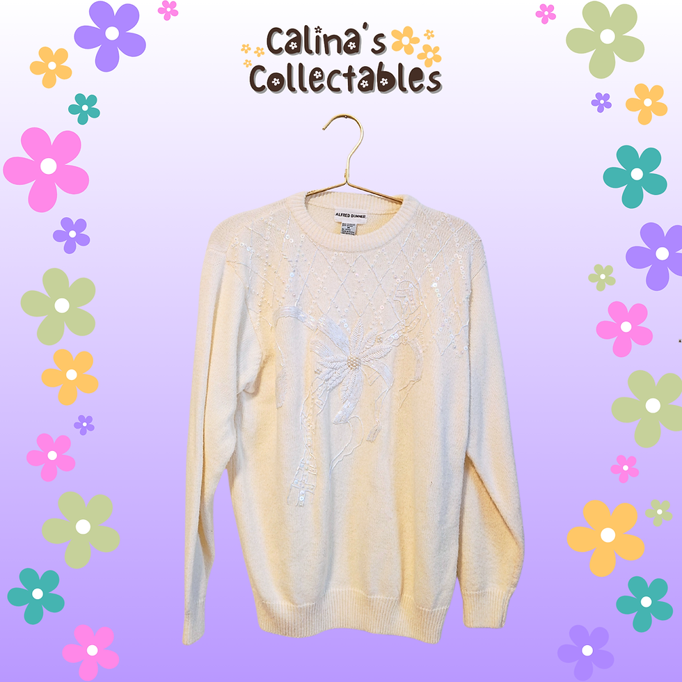 Thumbnail: Cream sweater with floral design, Calina's Collectables on a floral background.
