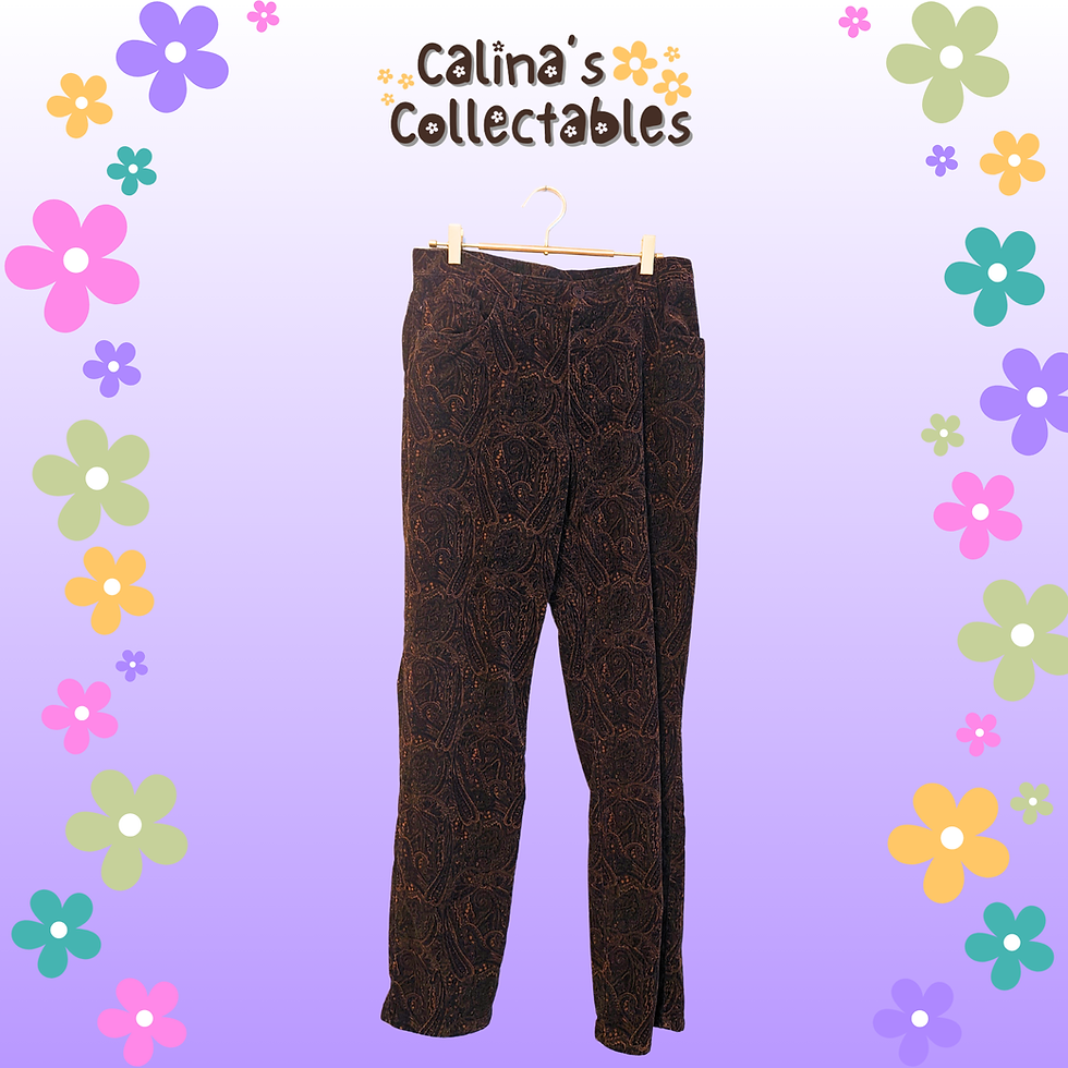 Thumbnail: Pair of brown pants hanging on a wooden hanger, Calina's Collectables background.