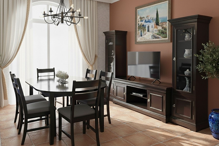 Mesa Texas 6S Ovalado con Sillas Houston Nogal con Centro de Entretenimiento Curio - IA - 