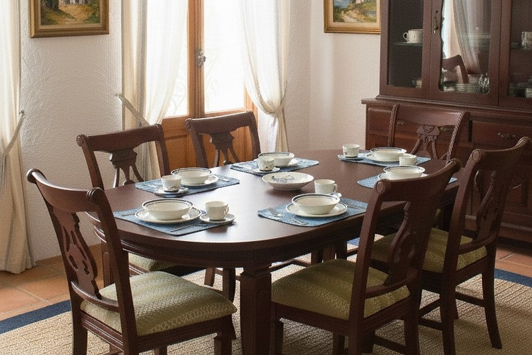 Mesa Florencia 6S con Sillas Niza Nogal Claro Mate con Aparador y Vitrina P56 - IA - 1.jpg