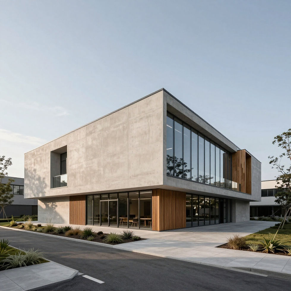 Modern concrete building with large windows and wooden accents by road.